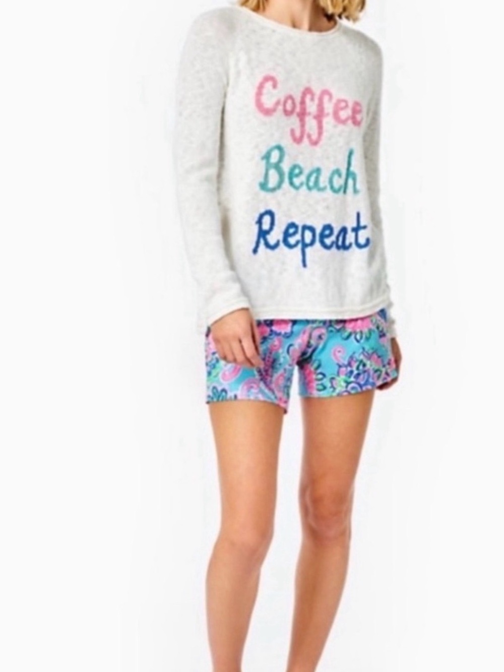 Cozy White 'Coffee Beach Repeat' Graphic Danette Sweater - Pink/Teal/Blue - Picture 5 of 5